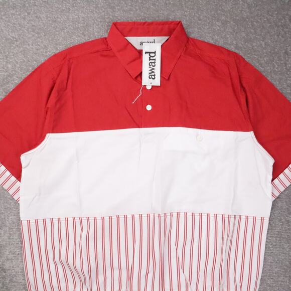 VTG 80s 90s Award Deadstock Large Red White Striped Short Sleeve Collared Shirt - Picture 6 of 9